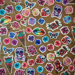 Full Color Die Cut Mini Stickers | Vinyl Sticker Assorted Tattoo Flash Old School Roses and Flowers Skulls and other Illustration