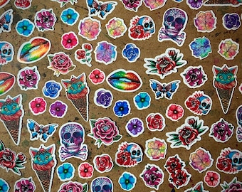 Full Color Die Cut Mini Stickers | Vinyl Sticker Assorted Tattoo Flash Old School Roses and Flowers Skulls and other Illustration