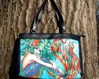 Classic Shoulder Bag | "Mermaid" by Carissa Rose | Large Bucket Bag Leather Purse | Colorful Pop Art Rainbow Mermaid Pin Up Girl Tattoo Art