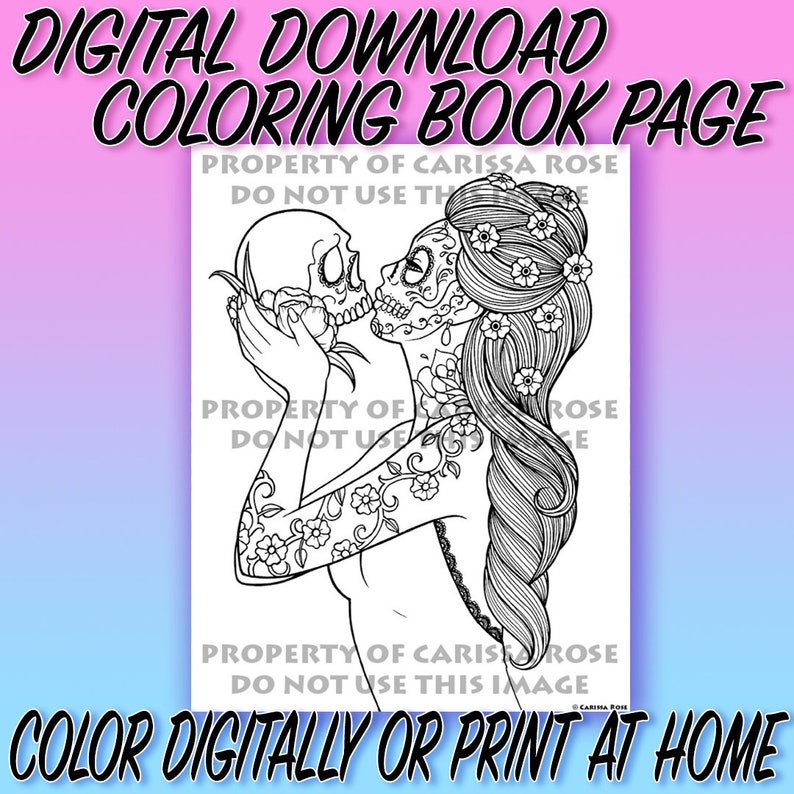 Digital Download Print Your Own Coloring Book Outline Page Eternity by Carissa Rose Day of the Dead Sugar Skull Girl Tattoo Flash Design image 1