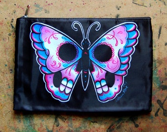 Cosmetic Bag Case | Day of the Dead Butterfly by Carissa Rose | Day of the Dead Tattoo Lowbrow Punk Goth Sugar Skull Flash