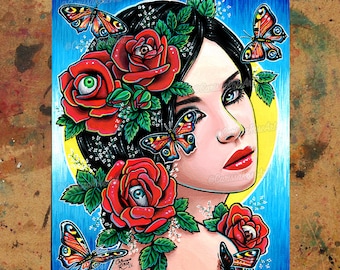 Art Print | Butterfly Eyes | Colorful Lowbrow Tattoo Art Portrait With Eye Roses and Butterflies | 5x7, 8x10, 10.5x13.8, or 11x17 in