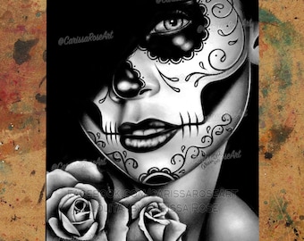 Art Print | Lolita | Poster | Tapestry | Metal Print | Black and White Day of the Dead Sugar Skull Girl With Rose Illustration