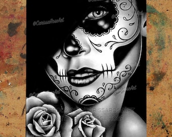 Art Print | Lolita | Poster | Black and White Day of the Dead Sugar Skull Girl With Rose Illustration | 5x7, 8x10, 10.5x13.8, or 11x17 inch