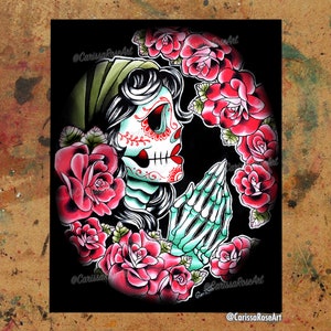 Impresión artística / Día de los Muertos / Póster / Tapiz / Impresión en metal / Arte del tatuaje de una chica con manos en oración y calavera de azúcar del Día de los Muertos