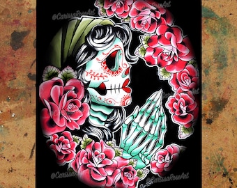 Art Print | Dia De Los Muertos | Poster | Tapestry | Metal Print | Day of the Dead Sugar Skull Skeleton Girl With Praying Hands Tattoo Art