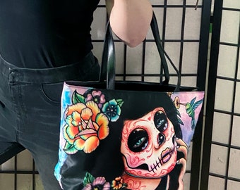 Tote Bag Grigia Sugar Skull Giorno Dei Morti - Borse A Tracolla Con Tasca Nascosta