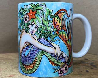 Ceramic 11oz Mug | "Mermaid" by Carissa Rose | Colorful Rainbow Pop-Art Tattoo Pin Up Style Mermaid Fantasy Illustration