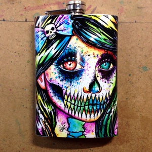 Stainless Steel 8 oz. Hip Flask - Pop Art Horror Splatter Portrait - Spooky Neon Punk Rock Skull Girl - Rainbow Skeleton Portrait
