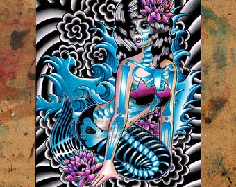 Art Print | Siren's Song | Poster | Colorful Day of the Dead Sugar Skull Mermaid Pin-Up | 5x7, 8x10, 10.5x13.8, 11x17 Inch
