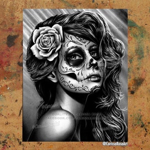 Art Print | Duality | Black and White Day of the Dead Sugar Skull Girl With Rose Illustration | 5x7, 8x10, 10.5x13.8, or 11x17 Inch