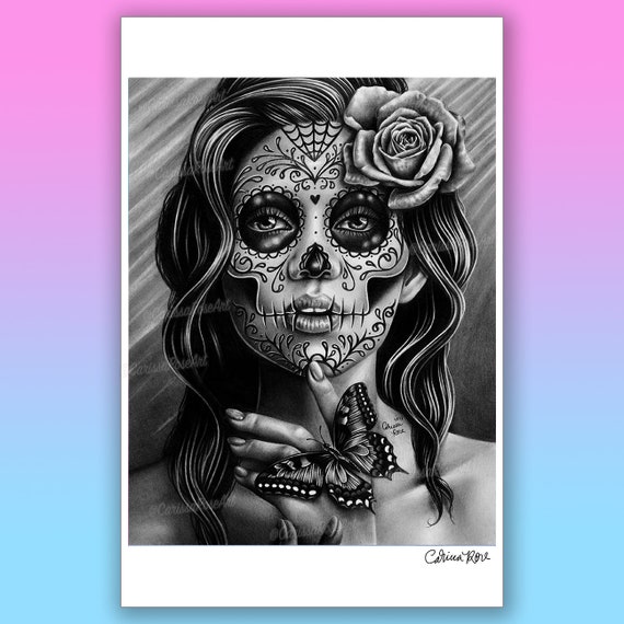 12x16 in Stretched Canvas Print Sugar Skull Tattoo Flash Lowbrow Sugar  Skull and Roses Tattoo Flash Art Print 