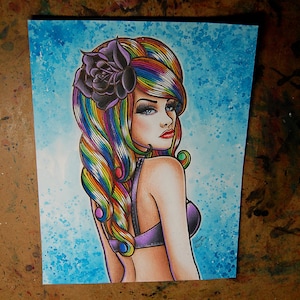 ORIGINAL Painting - 8x10 inch Watercolor and Mixed Media - Lollipop - Rainbow Haired Lowbrow Pin Up Girl