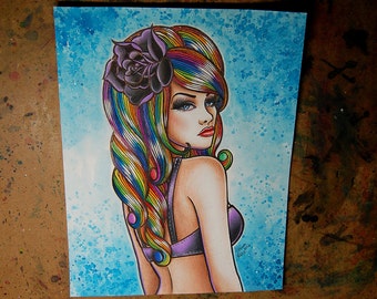 ORIGINAL Painting - 8x10 inch Watercolor and Mixed Media - Lollipop - Rainbow Haired Lowbrow Pin Up Girl