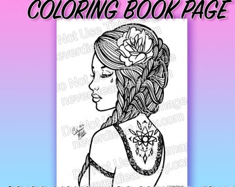 Digital Download Print Your Own Coloring Book Outline Page - Pretty Tattooed Pin Up Girl With Braided Hair