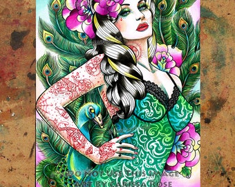 Art Print | Tattooed Peacock Pin Up | Poster | Tapestry | Metal Print | Traditional PinUp Girl With Tattoos, Peacock Feathers, and Roses