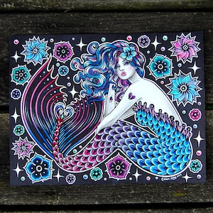 ORIGINAL PAINTING | Colorful Tattooed Mermaid Pin Up Girl Lowbrow Surreal Fantasy Tattoo Art | &quot;Electric Ocean III&quot; by Carissa Rose