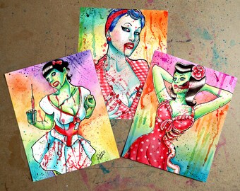 Zombie Pin Up Filles Aquarelle Horreur Portraits Art Prints- Vous choisissez 3 Tirages Zombie Doll et la taille de choisir