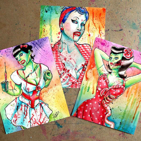 Zombie Pin Up Girls Watercolor Horror Portraits Art Prints- You Pick 3 Zombie Doll Prints and pick size