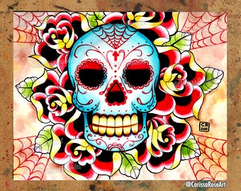 Art Print | Old School Sugar Skull Tattoo Flash | Colorful Traditional Day of the Dead Art With Roses | 5x7, 8x10, 10.5x13.8, or 11x17 inch