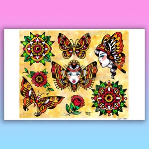 Art Print | Butterfly Tattoo Flash | American Traditional Old School ...