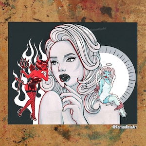 May include: A woman with white hair and red lipstick is looking to the left. She is surrounded by a red devil with a pitchfork and a blue angel with a halo. The background is black.