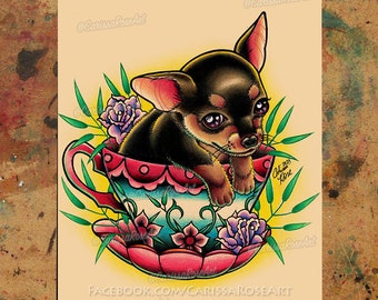 Art Print | Teacup Pup | Tattoo Art Print Chihuahua Puppy Colorful Traditional Tea Cup Tattoo Dog Art | 5x7, 8x10, 10.5x13.8, or 11x17 in.