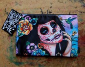 Cosmetic Bag Case Gardenia by Carissa Rose Day of the Dead Sugar Skull Girl Pretty Colorful Flowers and Hummingbird Calavera Girl