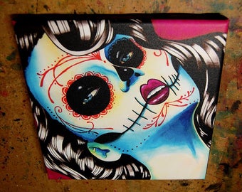 8x8 in Stretched Canvas Print | "Viva Los Muertos" | Square Tattoo Flash Pin Up Girl Day of the Dead Sugar Skull Girl Lowbrow Home Decor