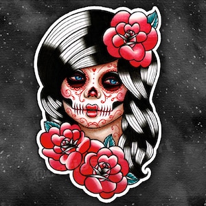 Vollfarbige Aufkleber oder Magnet | Hübscher Tag der Toten Mädchen mit Rosen | Old School Tattoo Flash Art | Sugar Skull Mädchen