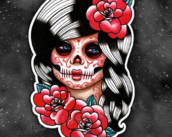 Full Color Sticker or Magnet | Pretty Day of the Dead Girl With Roses | Old School Tattoo Flash Art | Sugar Skull Girl