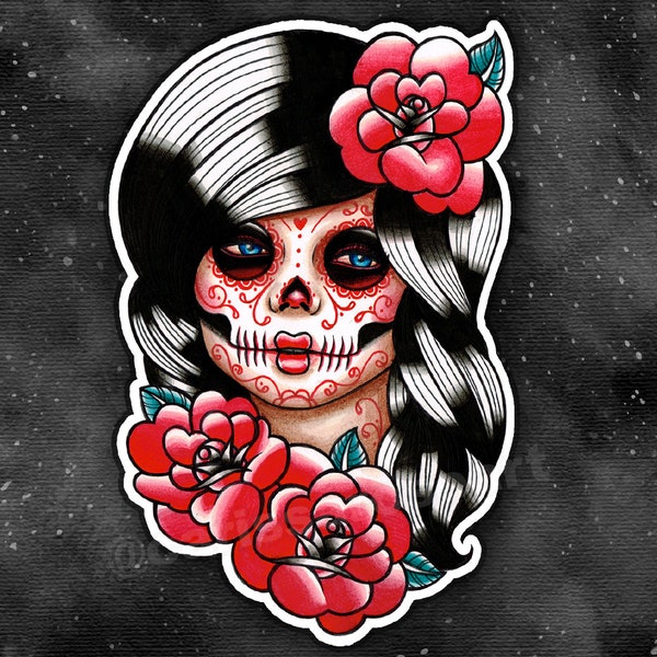 Full Color Sticker or Magnet | Pretty Day of the Dead Girl With Roses | Old School Tattoo Flash Art | Sugar Skull Girl