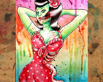 Art Print | Zombie Doll 3 | 5x7, 8x10, 10.5x13.8, or 11x17 in | Rockabilly Psychobilly Punk Rock Undead Pin Up Zombie Girl Woman Rainbow
