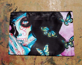 Cosmetic Bag Case | Demure by Carissa Rose | Day of the Dead Sugar Skull Girl | Pretty Butterfly Calavera Pink and Blue Lowbrow Tattoo Art