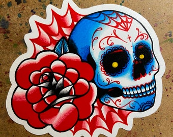 Full Color Sticker or Magnet | Day of the Dead Sugar Skull Tattoo Flash Art With Roses and Spider Webs