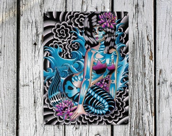 Poster | Tapestry | Metal Art Print | Siren's Song by Carissa Rose | Lowbrow Rockabilly Goth Day of the Dead Sugar Skull Mermaid Tattoo Art