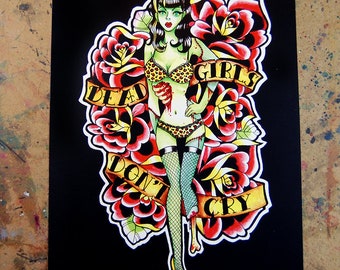Art Print | Dead Girls Don't Cry | Lowbrow Zombie Pin Up Girl Horror Old School Traditional Tattoo Flash | 5x7, 8x10, or 10.5x13.8 inch