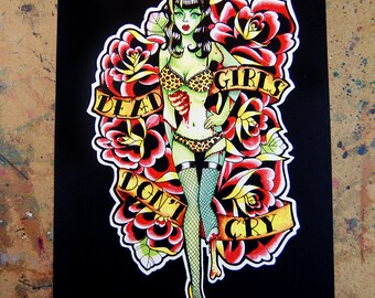 Impression artistique | Les filles mortes ne pleurent pas | Lowbrow Zombie Pin Up Girl Horror Old School Flash de tatouage traditionnel | 5x7, 8x10 ou 10,5x13,8 pouces