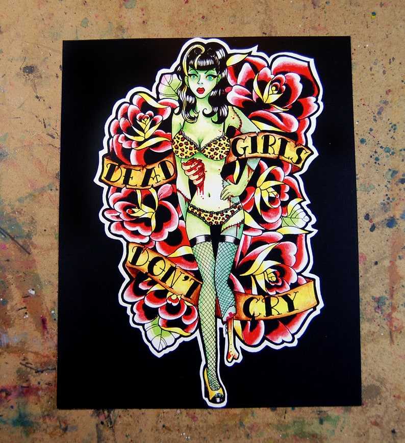 Art Print Dead Girls Don't Cry Lowbrow Zombie Pin Up Girl Horror Old School Traditional Tattoo Flash 5x7, 8x10, or 10.5x13.8 inch image 1
