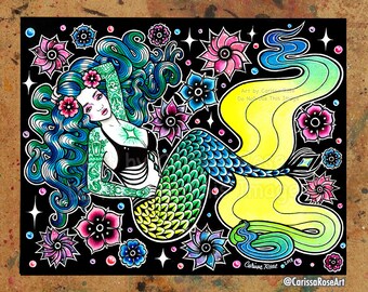 Signed Art Print | 5x7, 8x10, 10.5x13.8, or 11x17 in. | "Electric Ocean" | Tattooed Mermaid | Colorful Tattoo Pin Up Painting