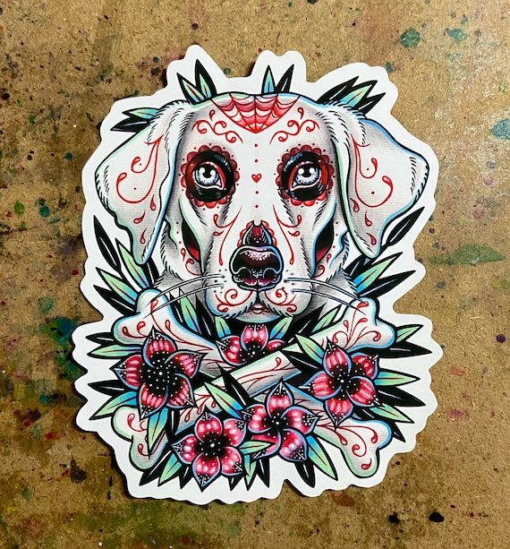 Full Color Sticker or Magnet Day of the Dead Sugar Skull Tattoo Flash White  Labrador L Dog With Crossbones and Tattoo Flowers - Etsy