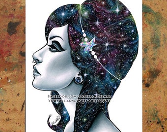 Art Print | Interstella | Lowbrow Outer Space Galaxy Girl Portrait With Stars in Hair and Crystals | 5x7, 8x10, 10.5x13.8, or 11x17 Inches