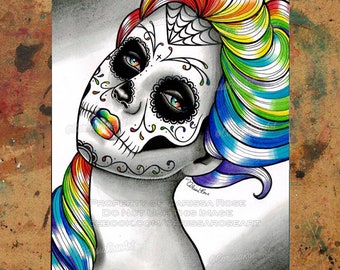 Art Print | Rainbow | Colorful Pretty Day of the Dead Sugar Skull Girl With Rainbow Hair and Makeup | 5x7, 8x10, 10.5x13.8, or 11x14 inch