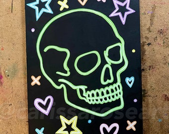 ORIGINAL 5x7 inch Painting | OOAK | Gouache | Colorful Rainbow Neon Tattoo Art Skull