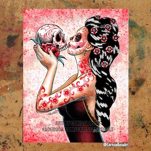 Art Print | Eternity | Poster | Tapestry | Metal Print | Day of the Dead Sugar Skull Girl Tattoo Art Print Woman Kissing Skull