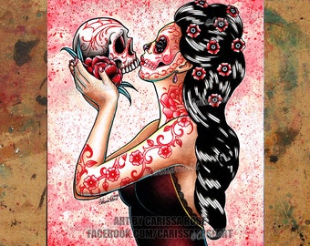 Art Print | Eternity | Poster | Day of the Dead Sugar Skull Girl Tattoo Art Print Woman Kissing Skull | 5x7, 8x10, 10.5x13.8, 11x17 inch