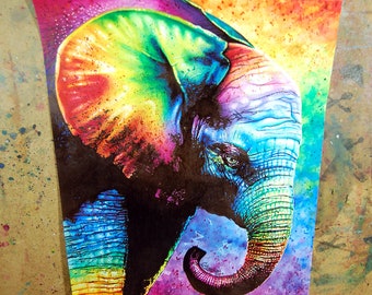 ORIGINAL 11x14 Inch Watercolor Painting | Elephant |  Colorful Rainbow Pop Art Elephant Watercolor Painting