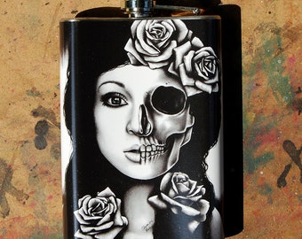 Stainless Steel 8 oz. Hip Flask - In A Trance - Dark Lowbrow Girl Portrait - Half Skull Tattoo Flash Art Illustration