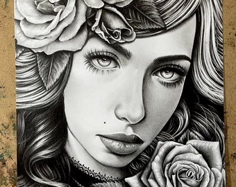 ORIGINAL 8x10 Inch Drawing | OOAK | “Hidden Thorns” | Pencil Portrait of Girl With Roses