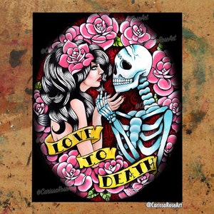 Amor hasta la muerte / Póster / Tapiz / Impresión en metal / Tatuaje romántico de la vieja escuela, tradicional, de estilo lowbrow, con esqueleto